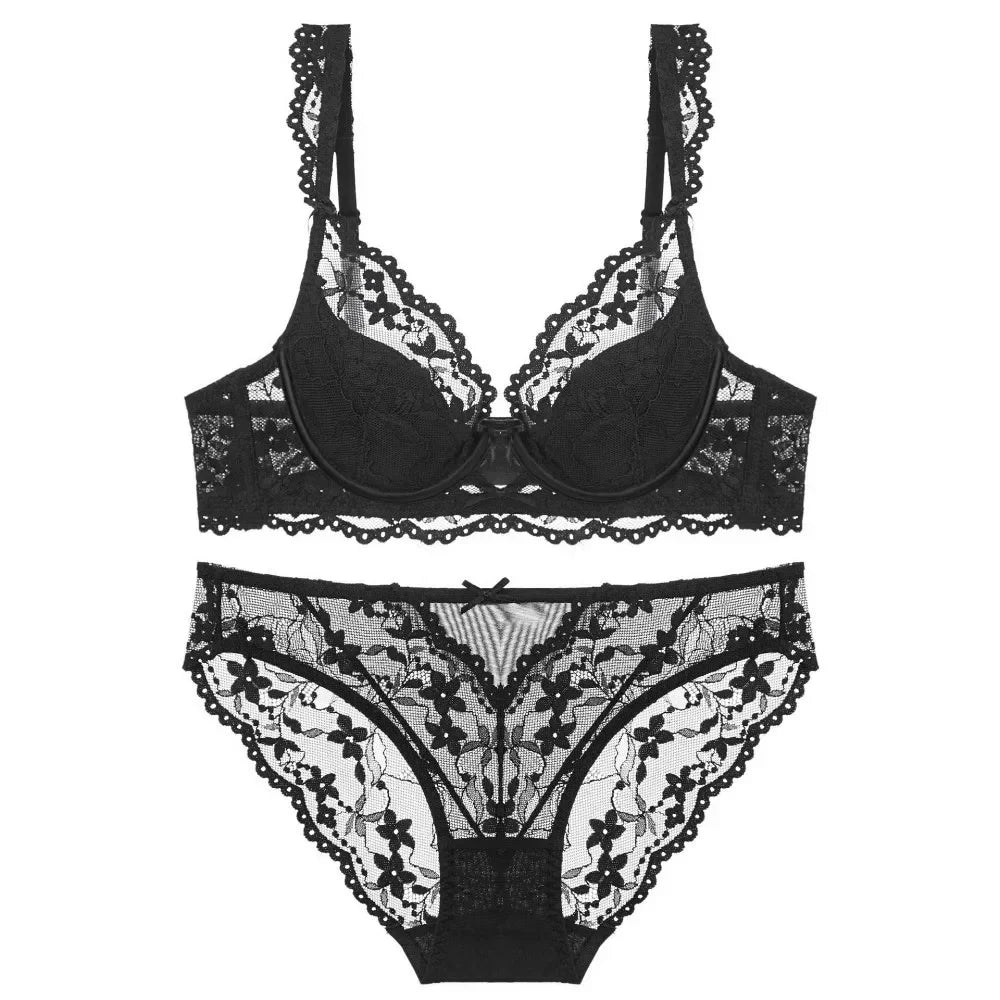 Feminine Ruffled Lace Trim Push-Up Bra and Semi-Sheer Hipster Brief Set
