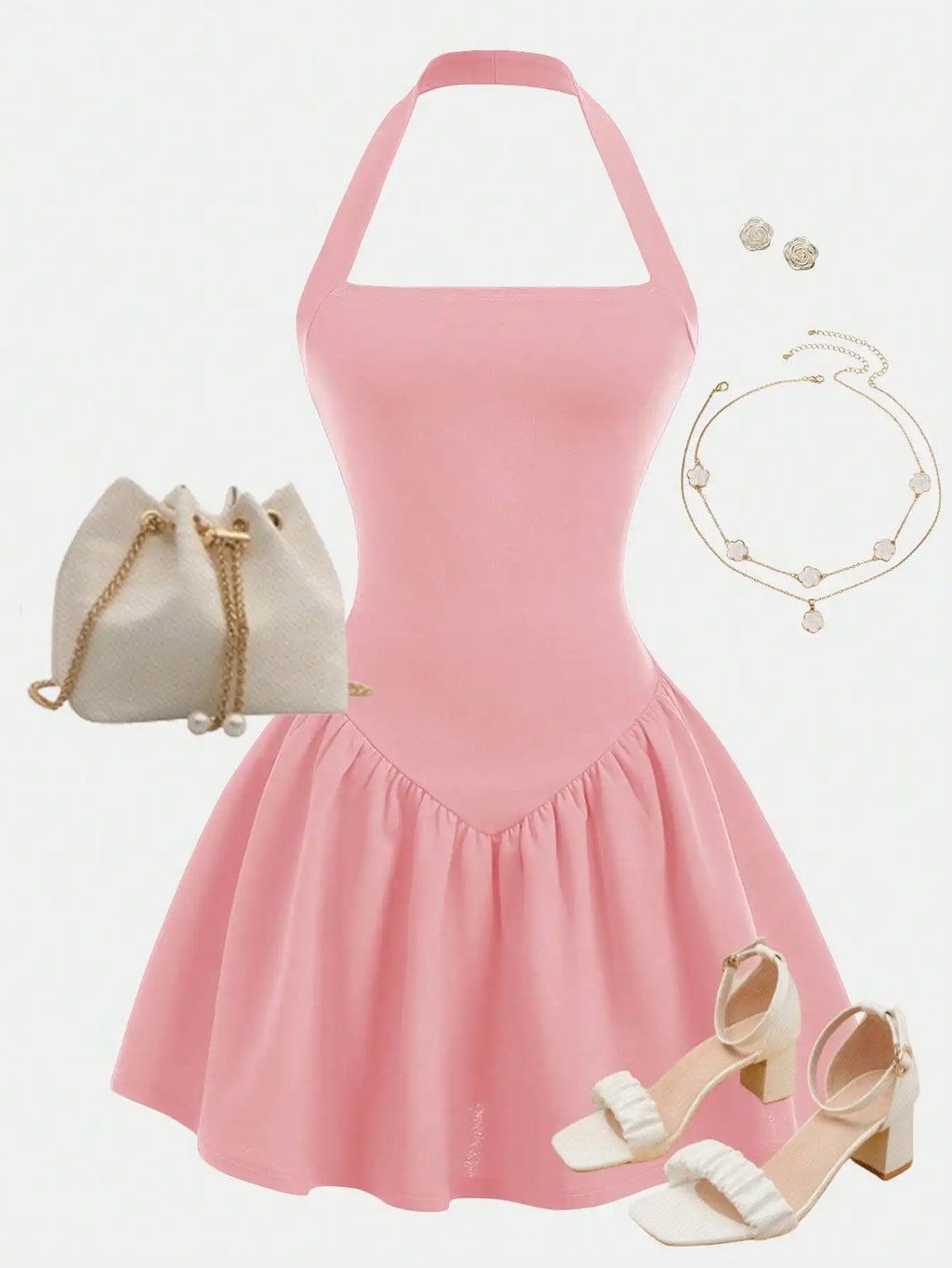 Halter Neck A-Line Mini Dress with Gathered Waist and Flared Hem