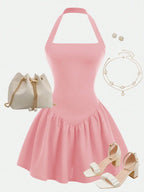 Halter Neck A-Line Mini Dress with Gathered Waist and Flared Hem