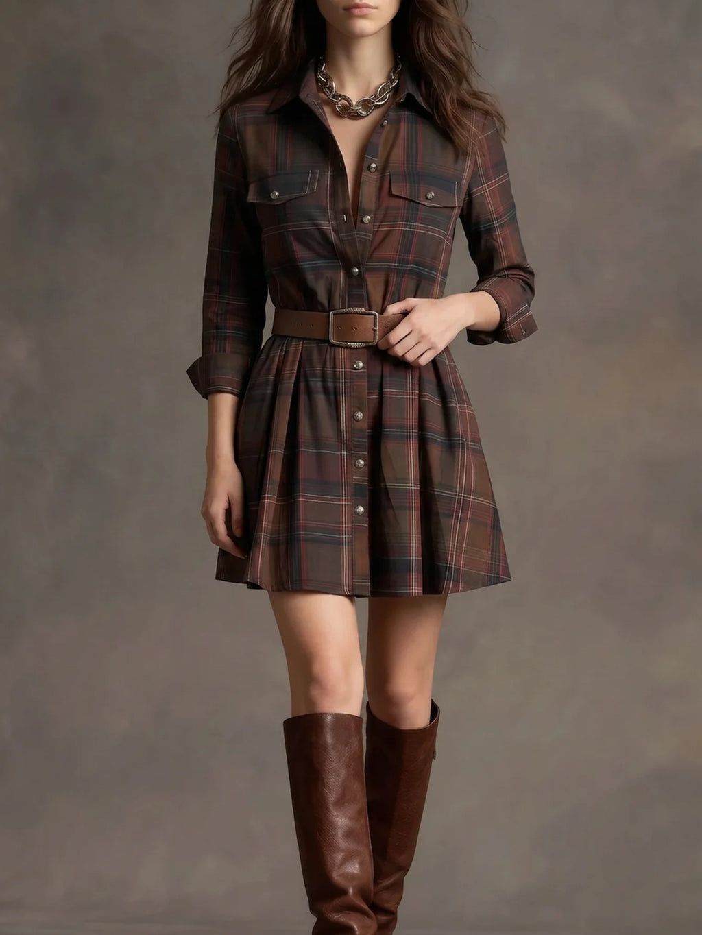 Classic Brown Plaid Long-Sleeve Shirt Dress with Pleated Mini Skirt