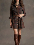 Classic Brown Plaid Long-Sleeve Shirt Dress with Pleated Mini Skirt