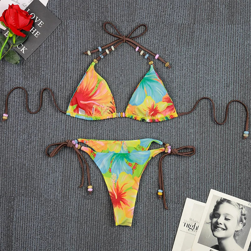 Tropical Botanical Print Triangle String Bikini with Beaded Tie Accents