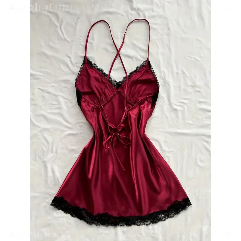 Romantic Satin-Finish Mini Slip Nightgown with Lace Trim and Criss-Cross Straps