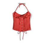 Sleek Black Satin V-Neck Corset Camisole with Slender Halter Straps