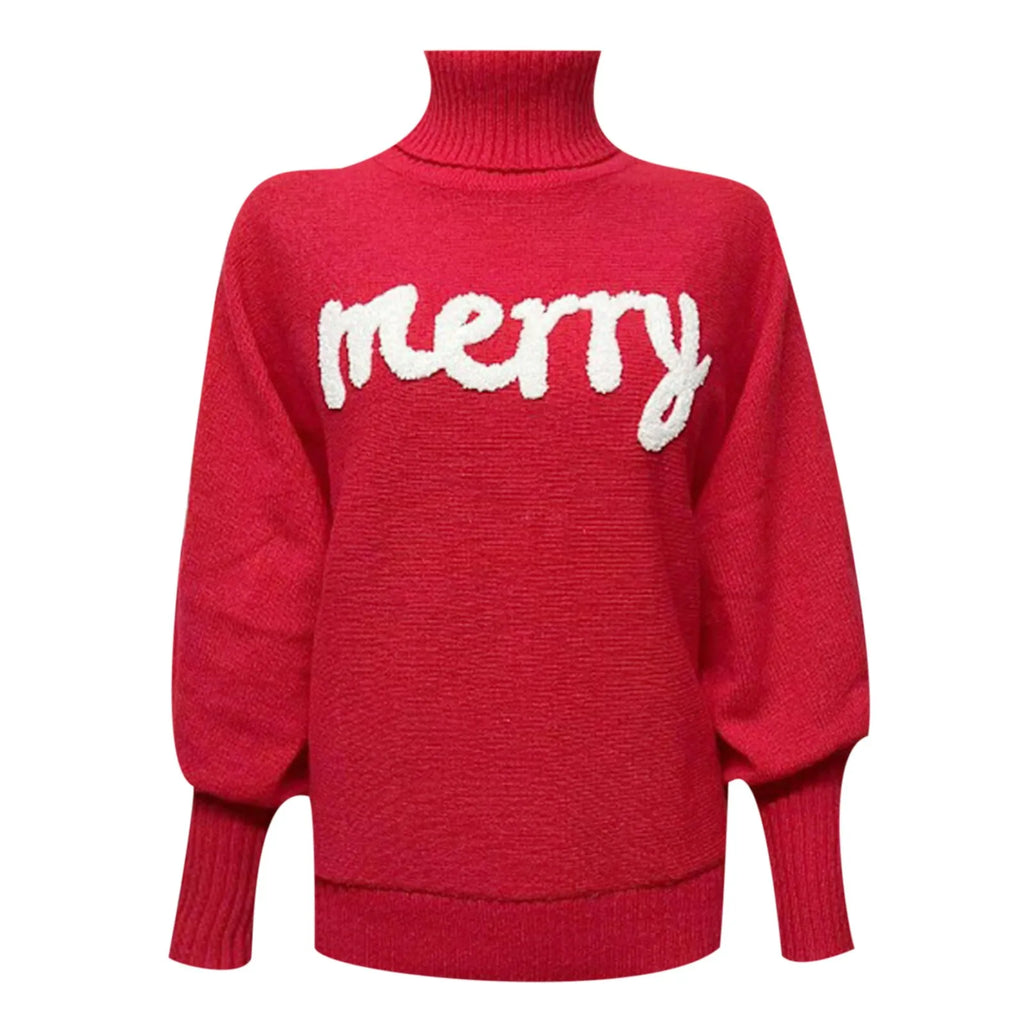 Women's Festive Typography Knit Relaxed Fit Holiday Sweater Pullover