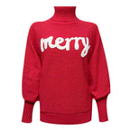 Women's Festive Typography Knit Relaxed Fit Holiday Sweater Pullover