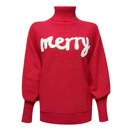 Women's Festive Typography Knit Relaxed Fit Holiday Sweater Pullover