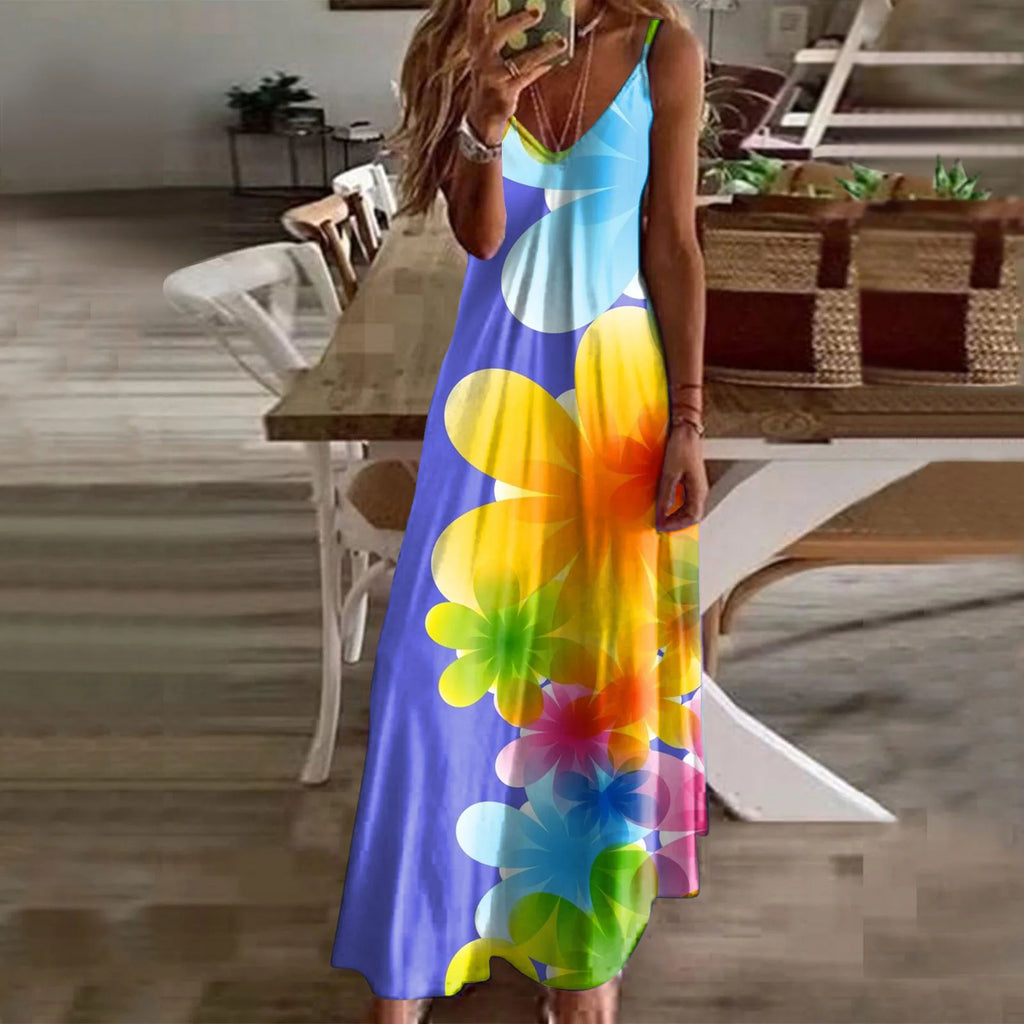 Oversized Sleeveless Maxi Dress with V Neck and Artistic Print Design