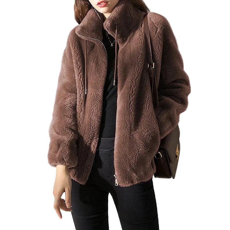 Women's Plush Fleece Zip-Up Jacket with Stand Collar Cozy Streetwear Winter Outerwear