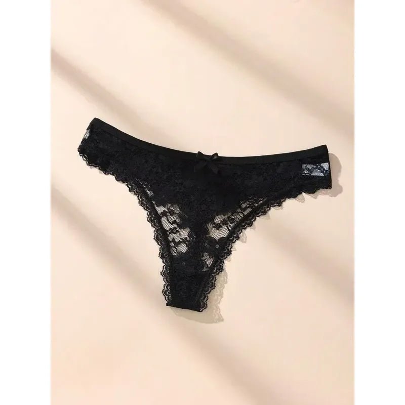 3-Piece Women’s Floral Lace Thong Set with Sheer-Look Panels, Low-Rise Silhouette and Assorted Feminine Colors