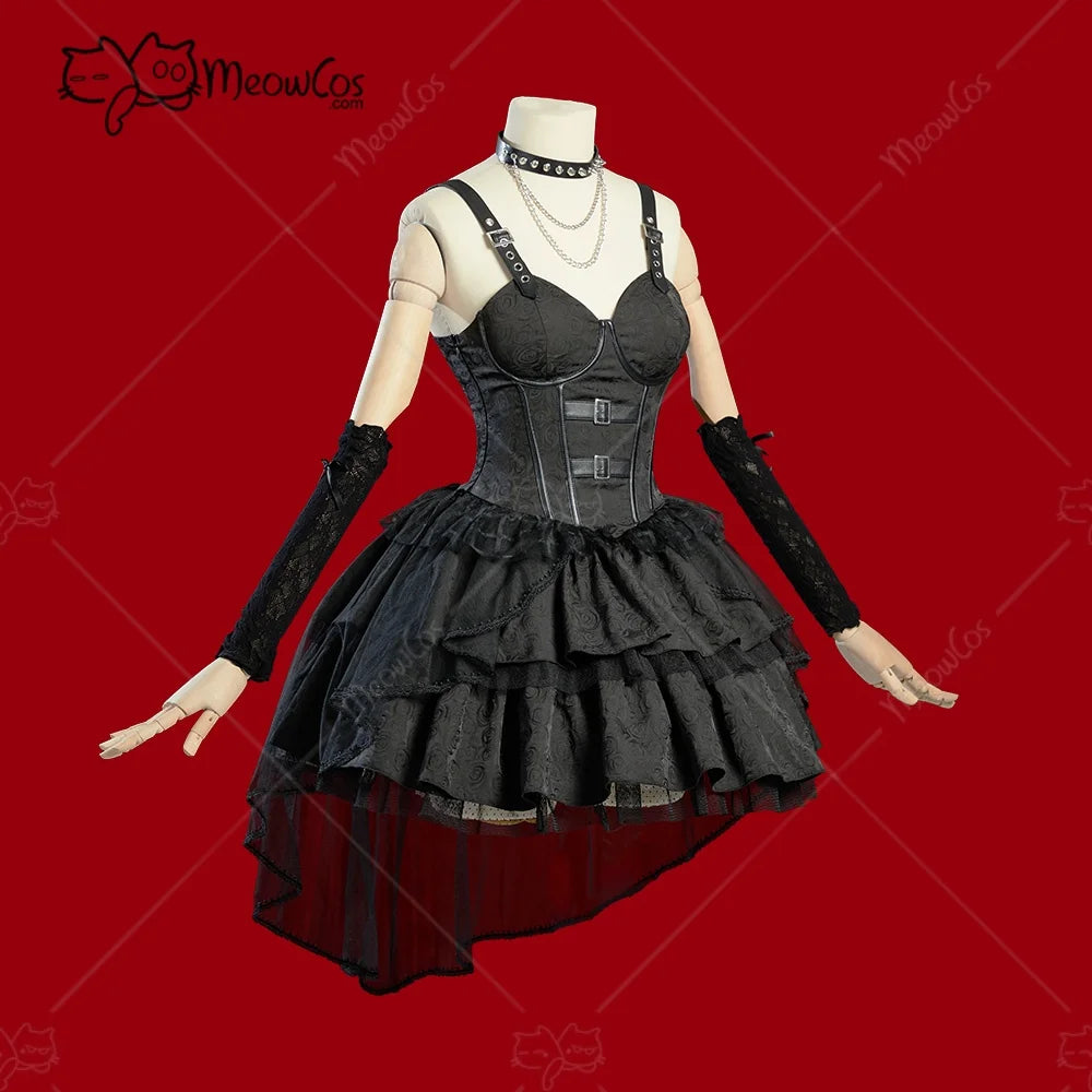 Women's Layered Gothic Dress with Detachable Mesh Train and Coordinated Gloves Set