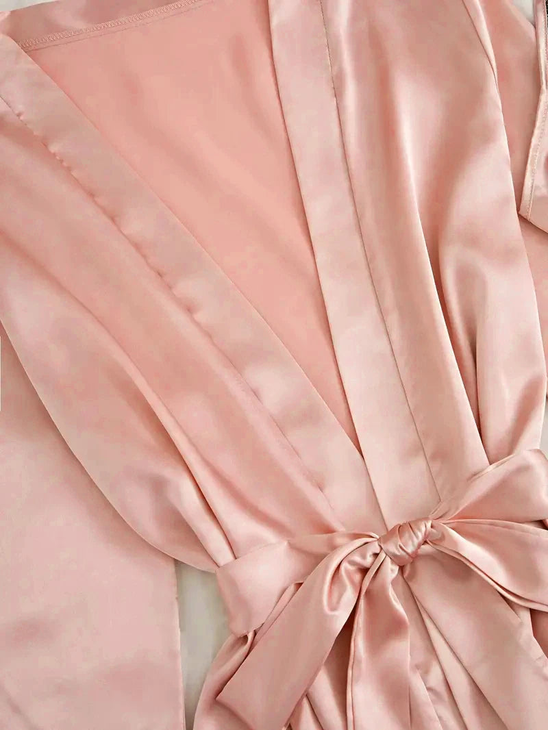 5-Piece Pink Satin-Style Sleepwear Collection with Striking Black Scalloped Lace Trim