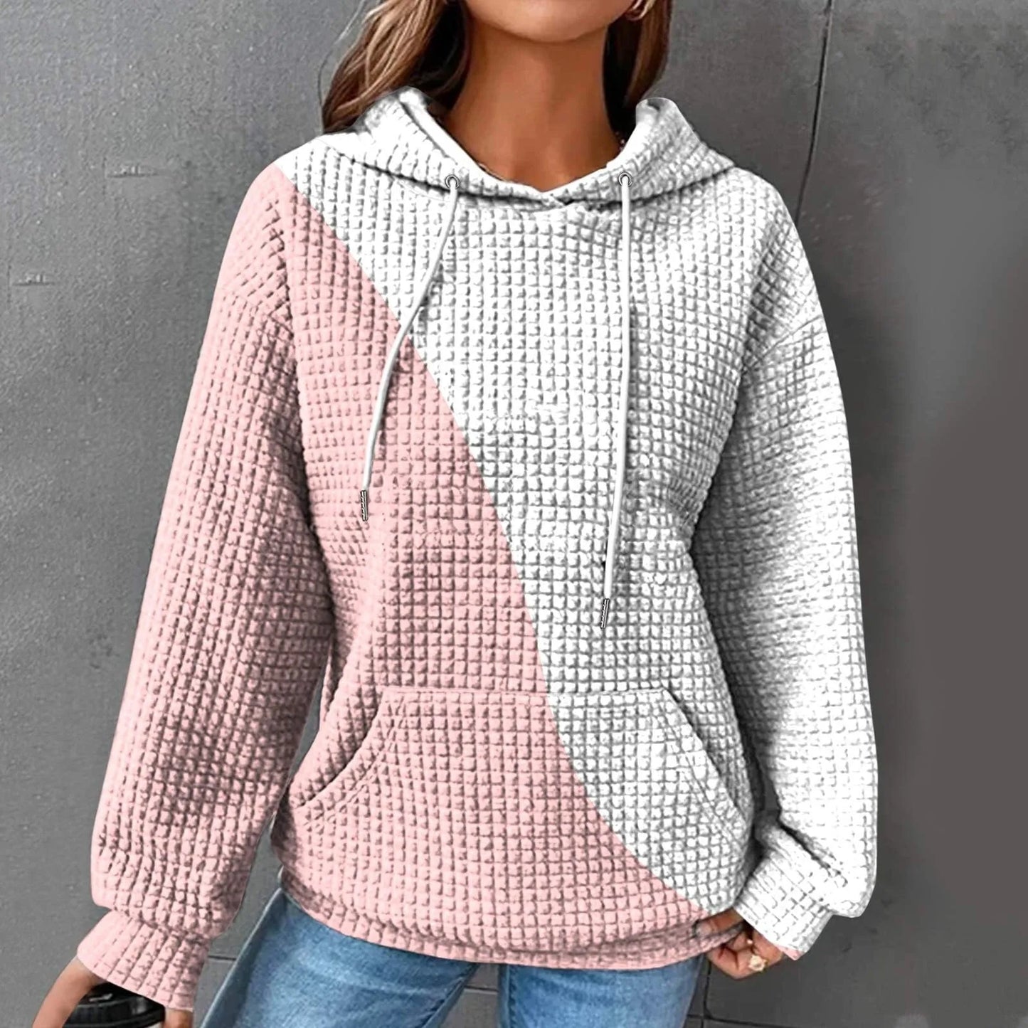 Women's Oversized Color Block Waffle Knit Hoodie for Relaxed Everyday Streetwear Style