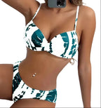 Teal and White Abstract Print Underwire Bikini Set