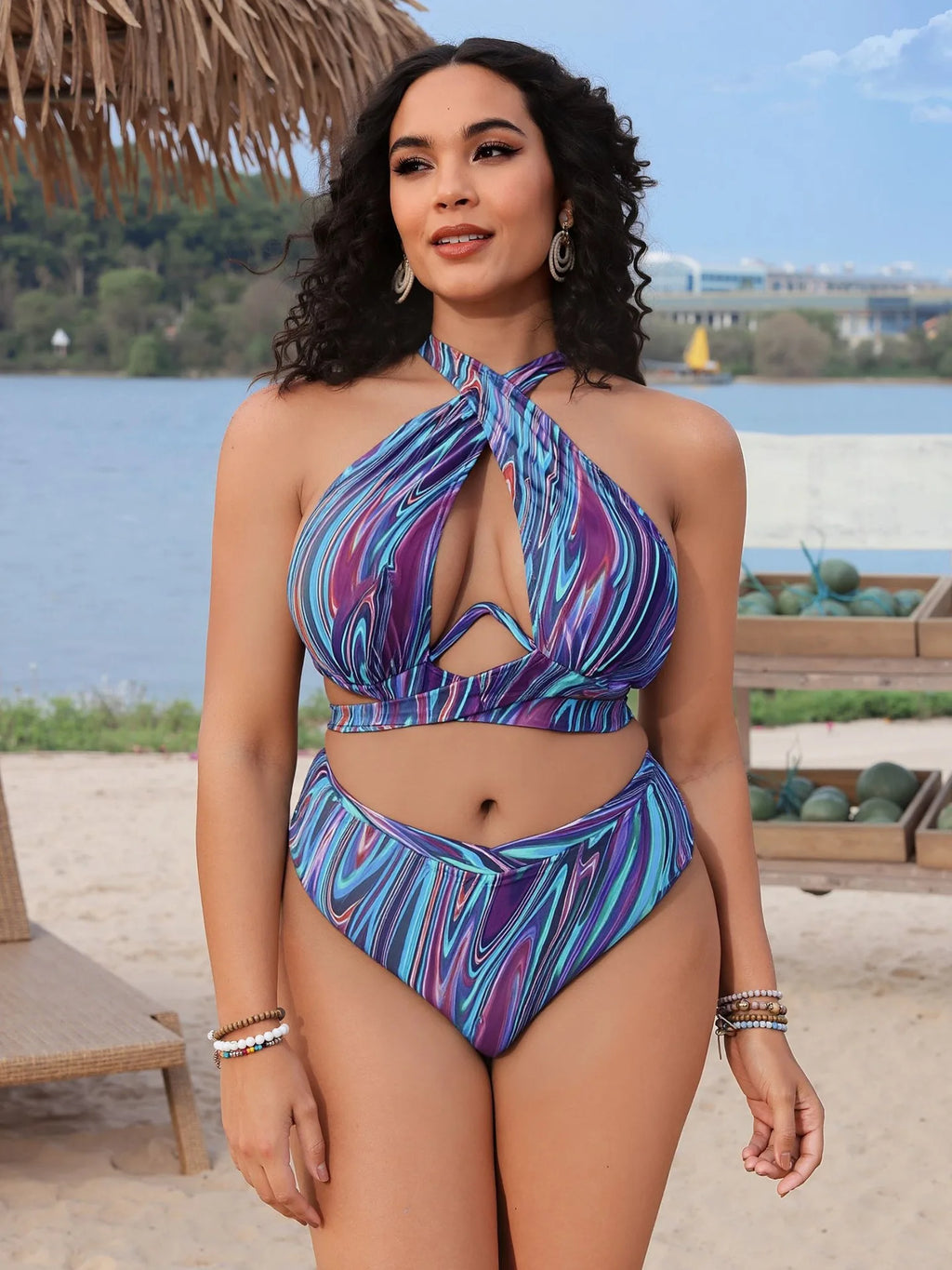 Abstract Swirl Print Halter Swimsuit with Keyhole Cutout and High-Waisted Silhouette