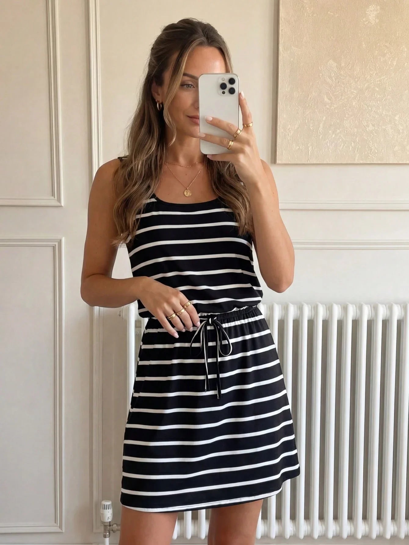 Striped Sleeveless Drawstring Waist Mini Dress with Relaxed Everyday Style