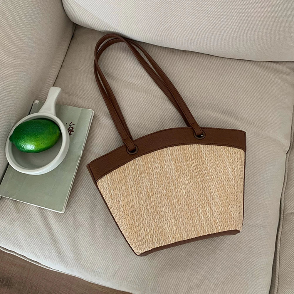 Handwoven Straw Style Tote Bag with Large Capacity Shoulder Carry Design