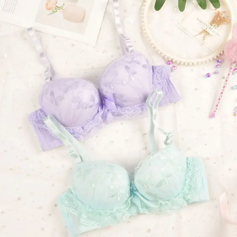 Lavender Butterfly Embroidery Push-Up Bra and High-Waist Panty Set