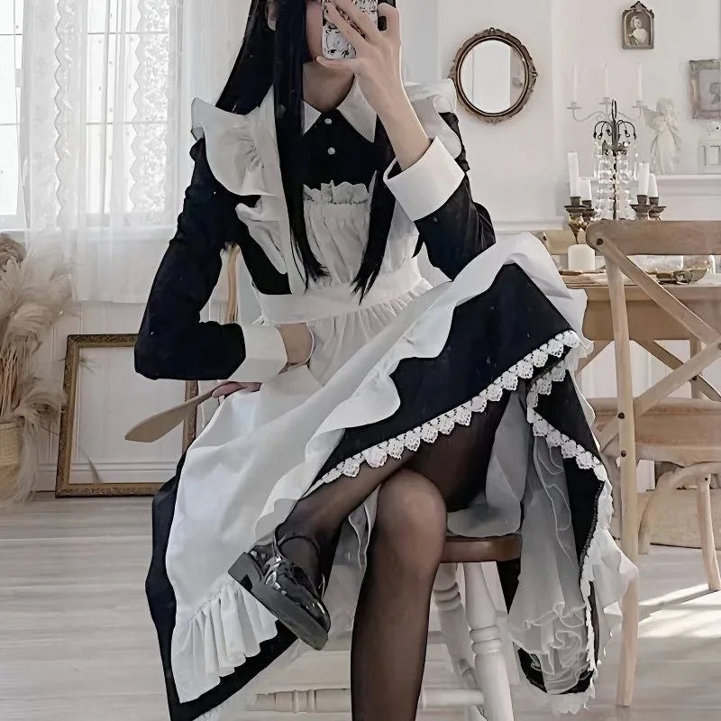 Classic Monochromatic Ruffled Maid Dress with Sweetheart Bow Detailing