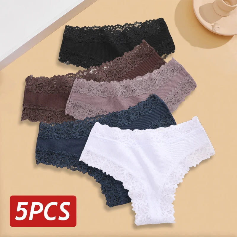 Five-Piece Ribbed Cotton-Blend Brazilian Panty Set with Floral Lace Trim