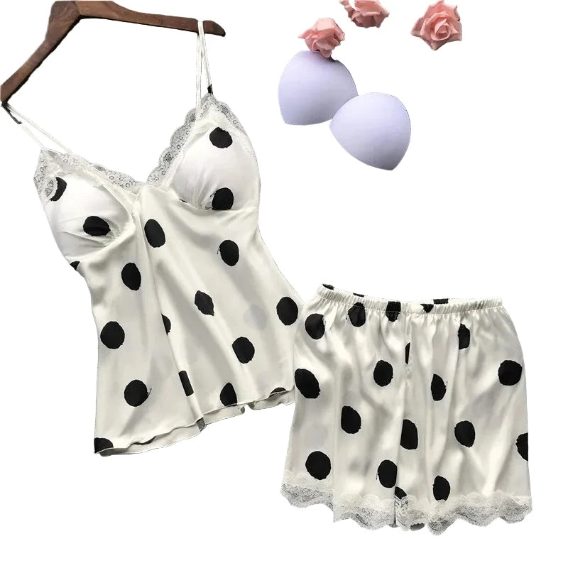 Classic Polka Dot Satin-Finish Camisole and Shorts Sleep Set with Scalloped Lace Trim