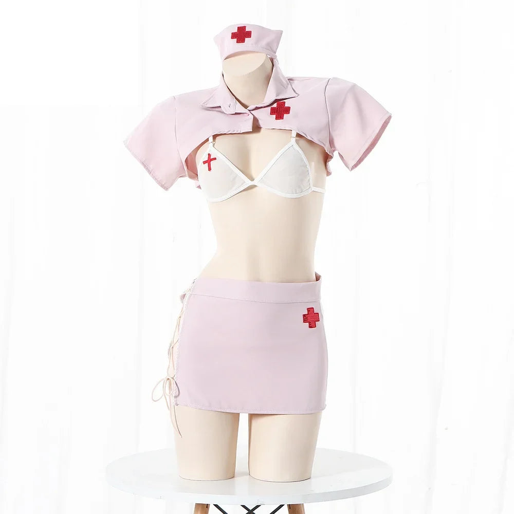 Pastel Pink Three-Piece Nurse Roleplay Outfit with Cropped Top and Strappy Mini Skirt