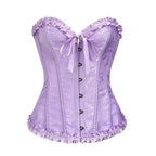 Jacquard Overbust Corset with Ruffled Trim, Structured Boning and Lace-Up Back