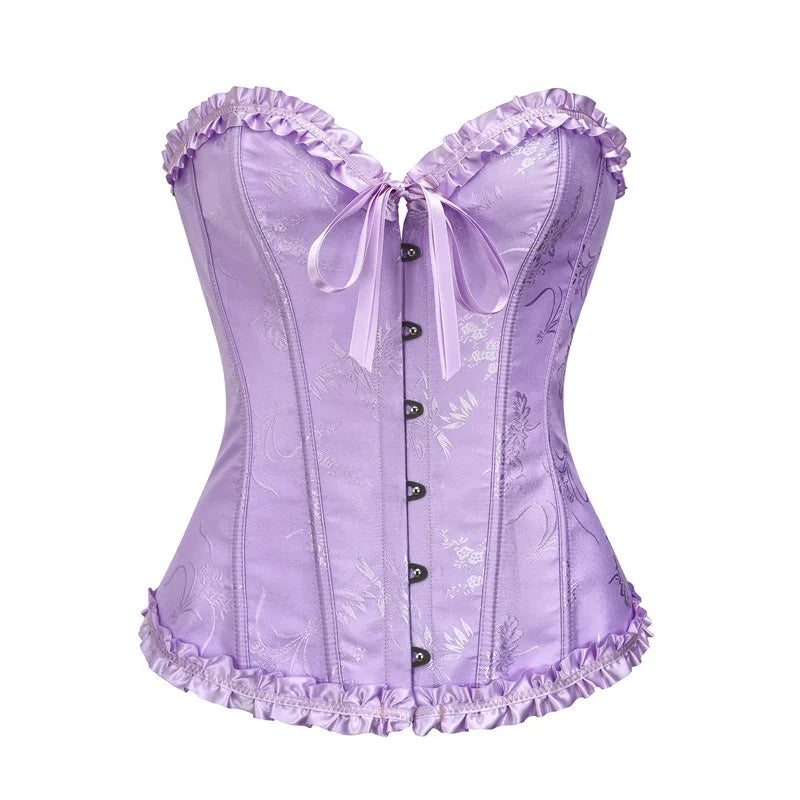 Jacquard Overbust Corset with Ruffled Trim, Structured Boning and Lace-Up Back