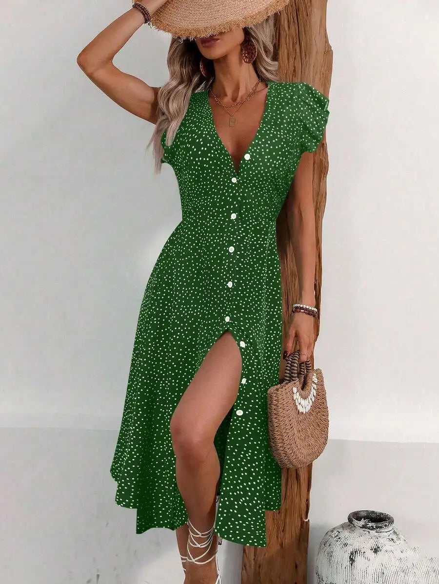 V-Neck Button Front Midi Dress with Side Slit and Puff Sleeves