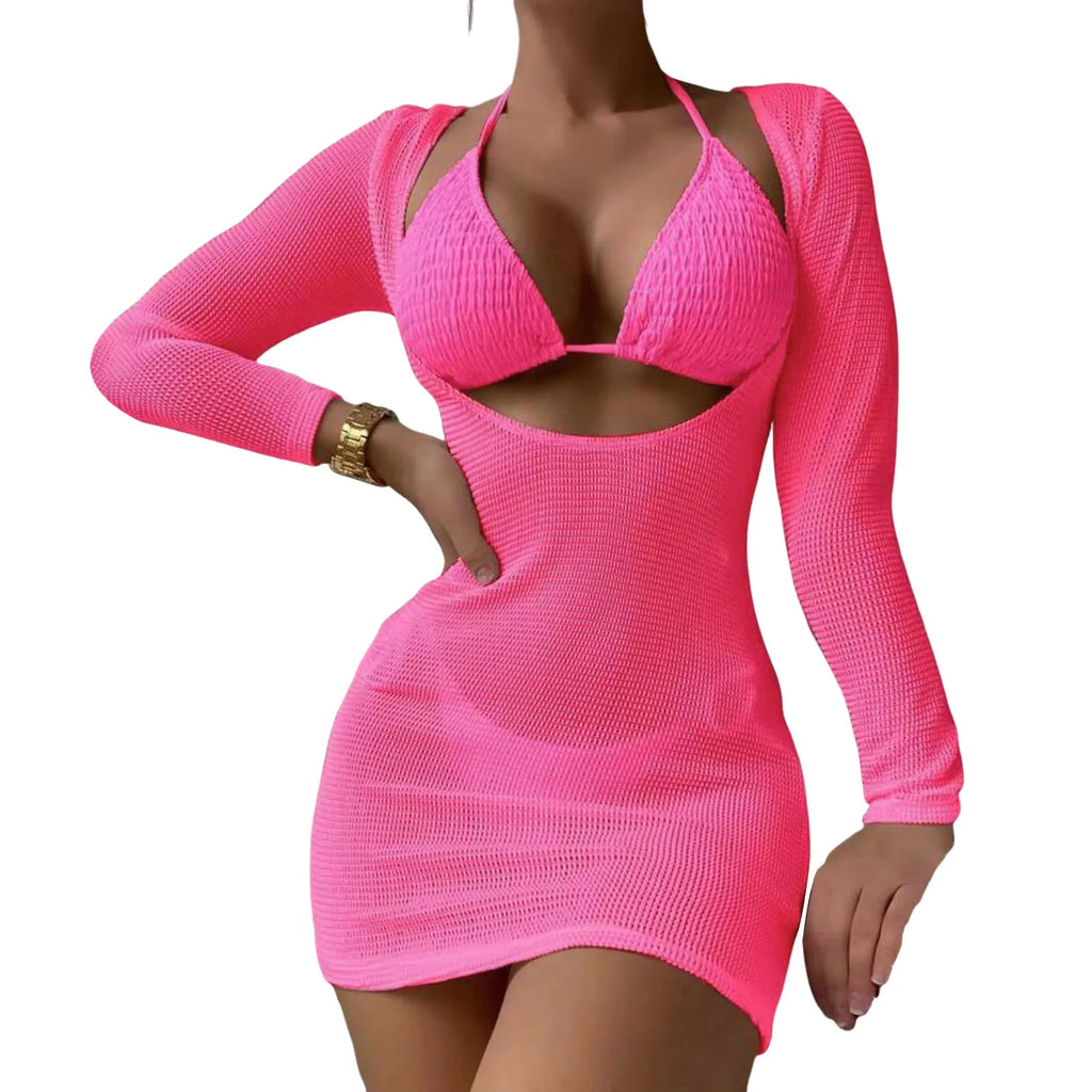 Three-Piece Crisp White String Bikini Set with Sheer Mesh Long-Sleeve Cover-Up