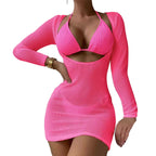 Three-Piece Crisp White String Bikini Set with Sheer Mesh Long-Sleeve Cover-Up