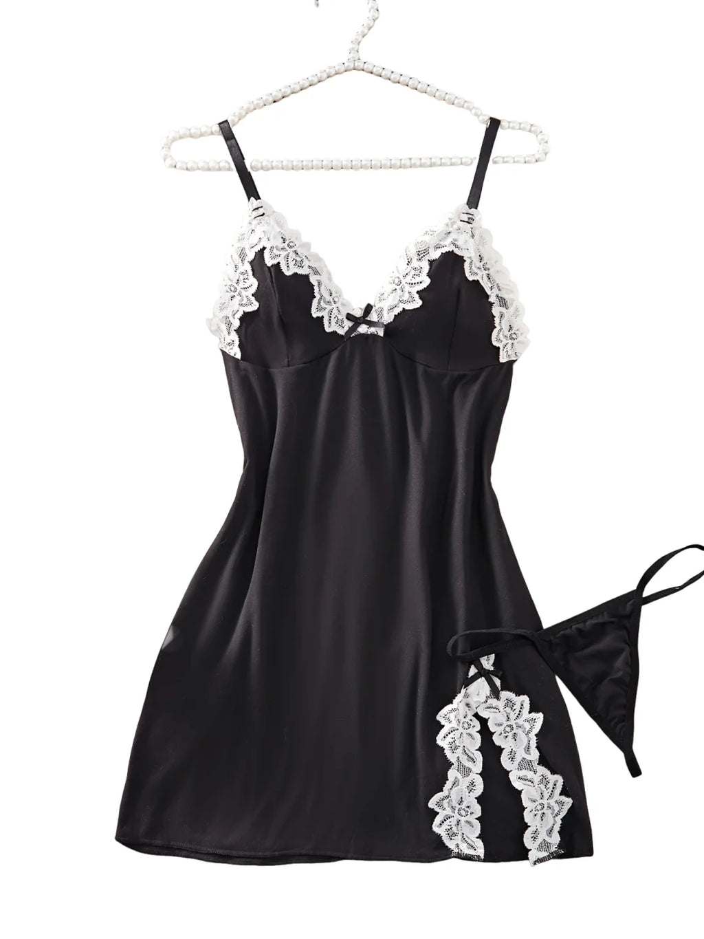 Sleek Black Satin-Finish Chemise with White Lace Appliqué and Matching Panty