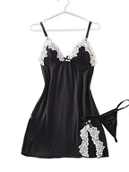 Sleek Black Satin-Finish Chemise with White Lace Appliqué and Matching Panty