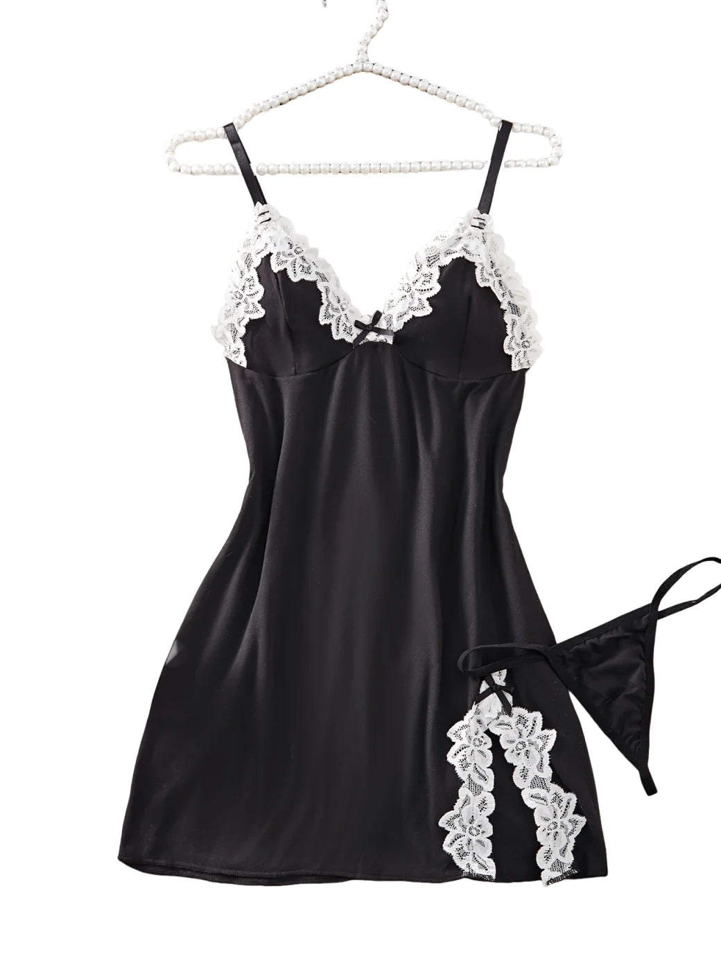 Sleek Black Satin-Finish Chemise with White Lace Appliqué and Matching Panty