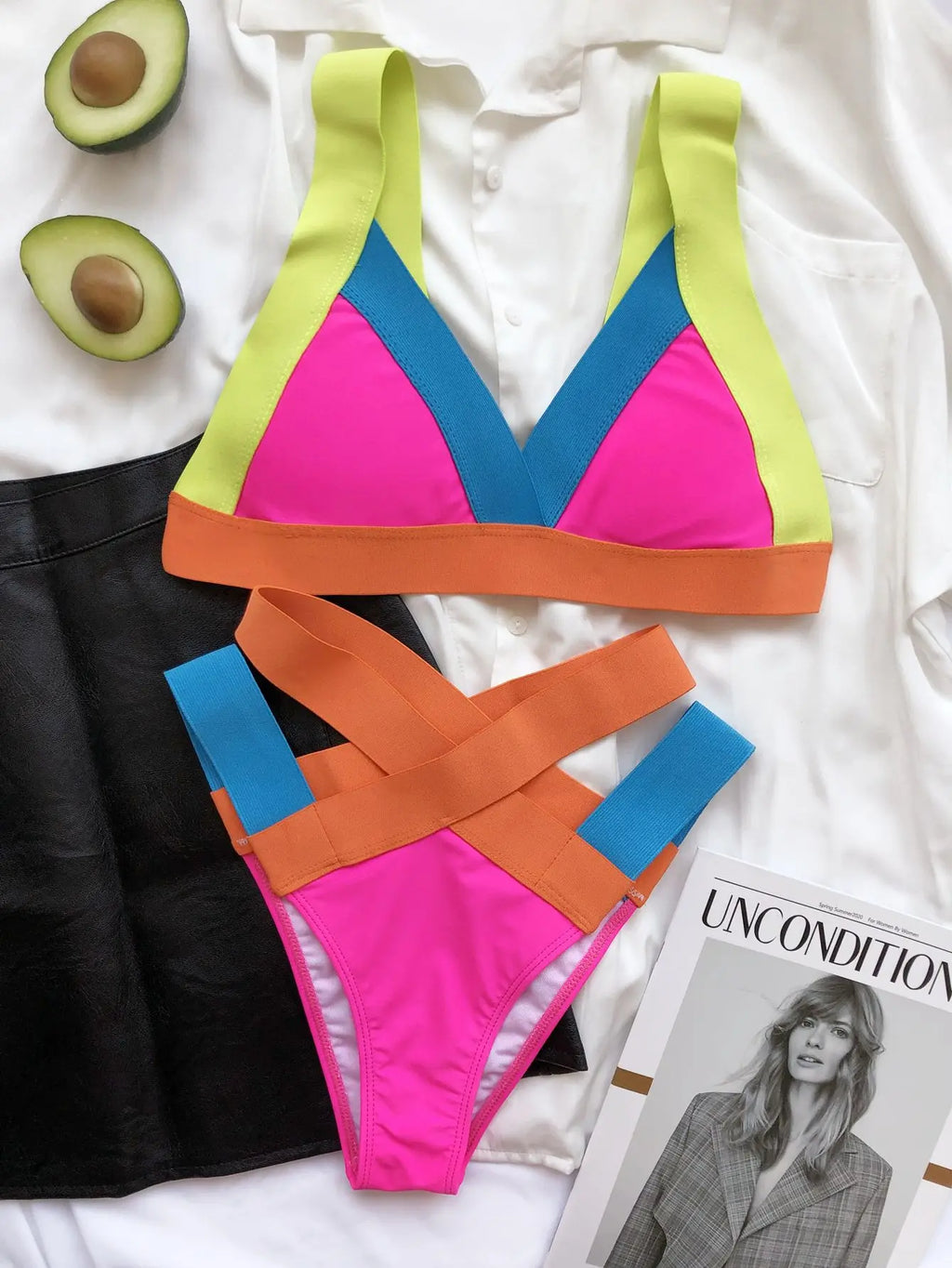 Vibrant Color-Block Bikini Set with Criss-Cross Strappy High-Waist Bottoms