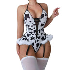 Playful Cow Print Plunge Bodysuit with Faux Fur Trim and Garter Straps