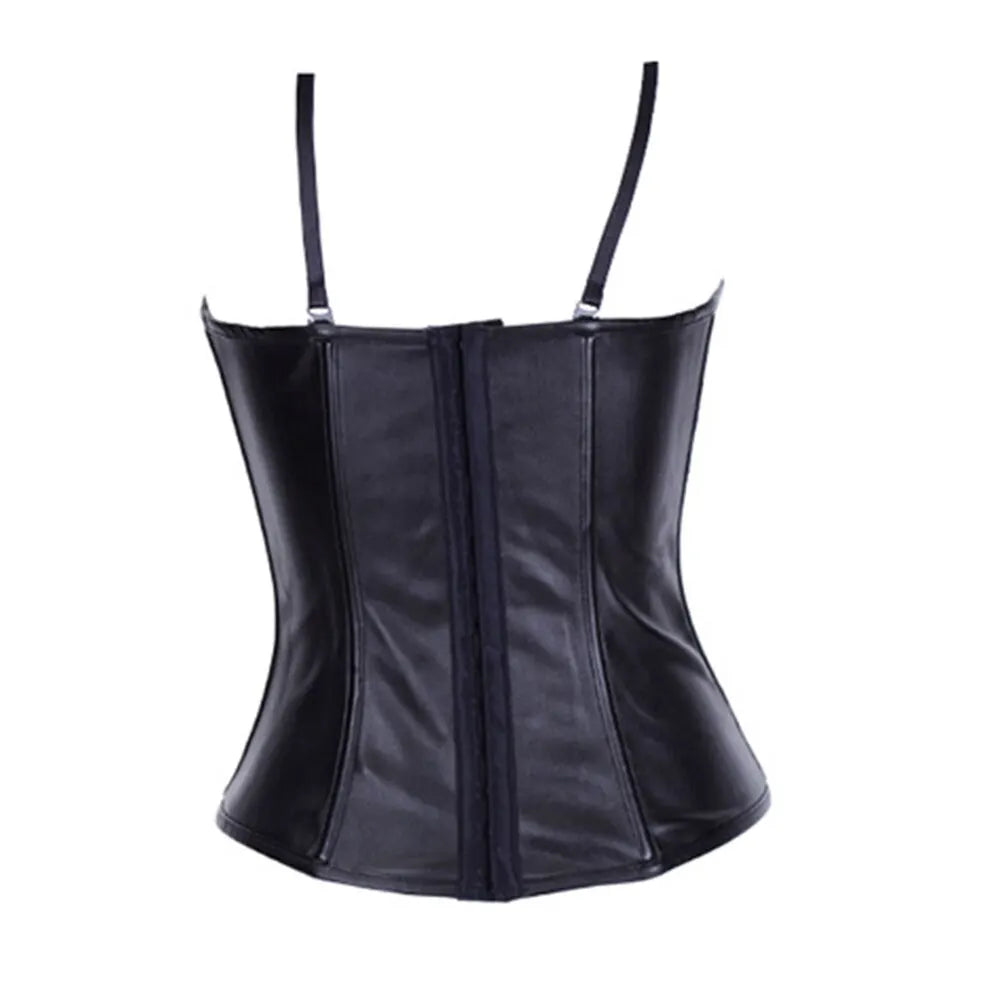 Black Faux Leather Lace-Up Bustier Top with Thin Shoulder Straps