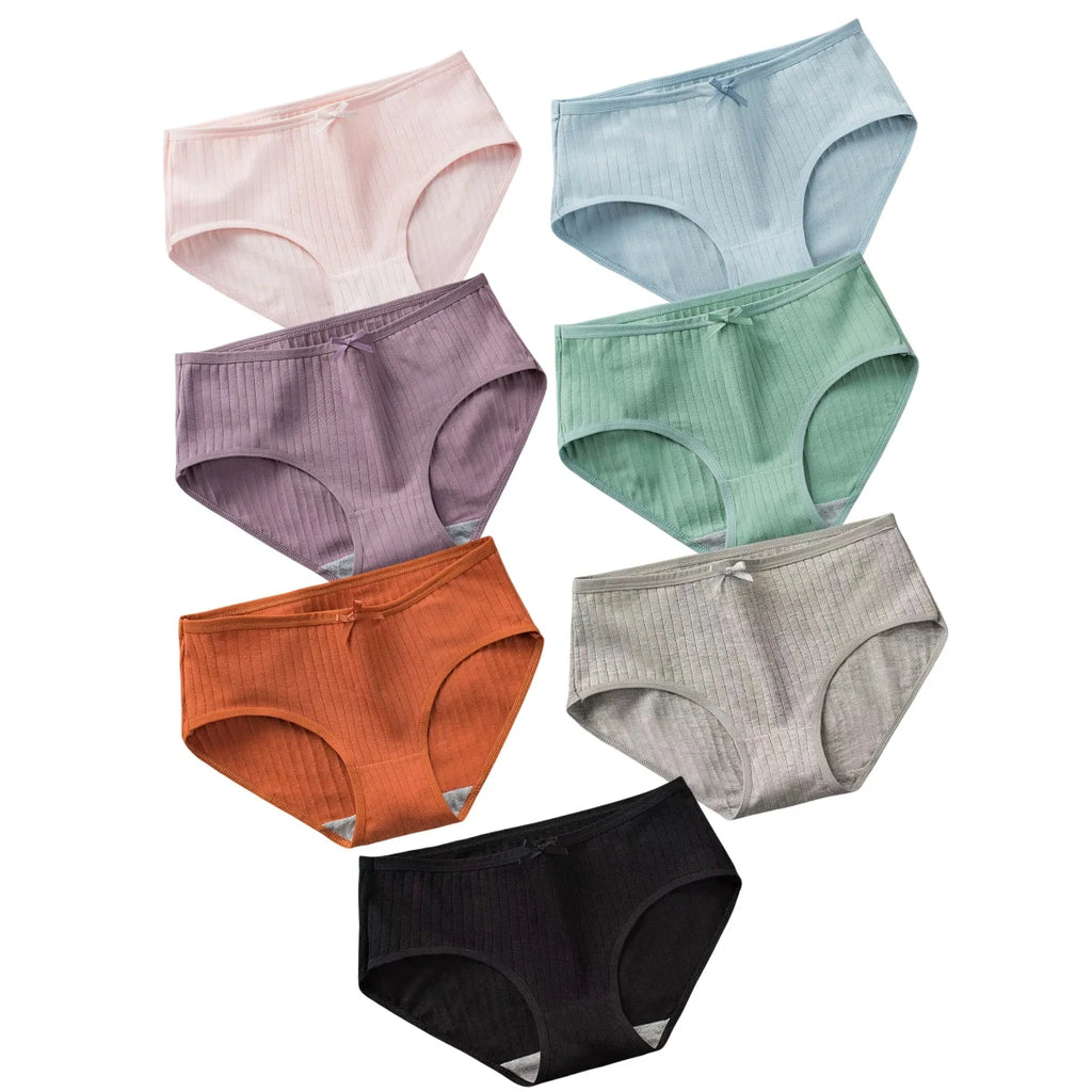Seven-Piece Ribbed Cotton Blend Mid-Rise Brief Set with Bow Detail