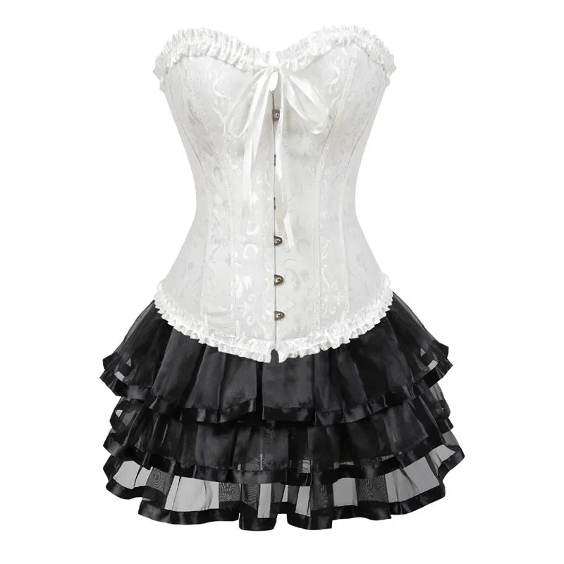 Ruffle Hem Overbust Corset Dress with Lace-Up Front and Layered Skirt