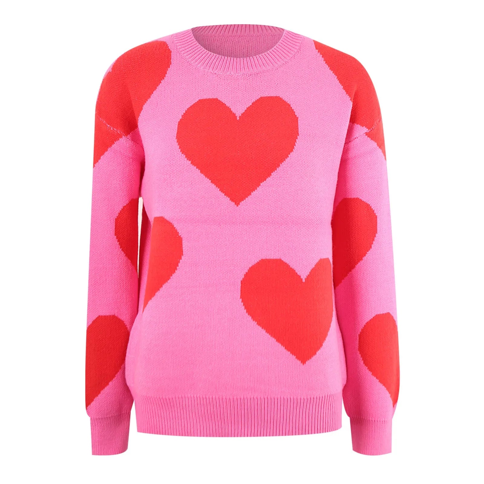 Women's Oversized Heart Pattern Crew Neck Casual Knit Sweater