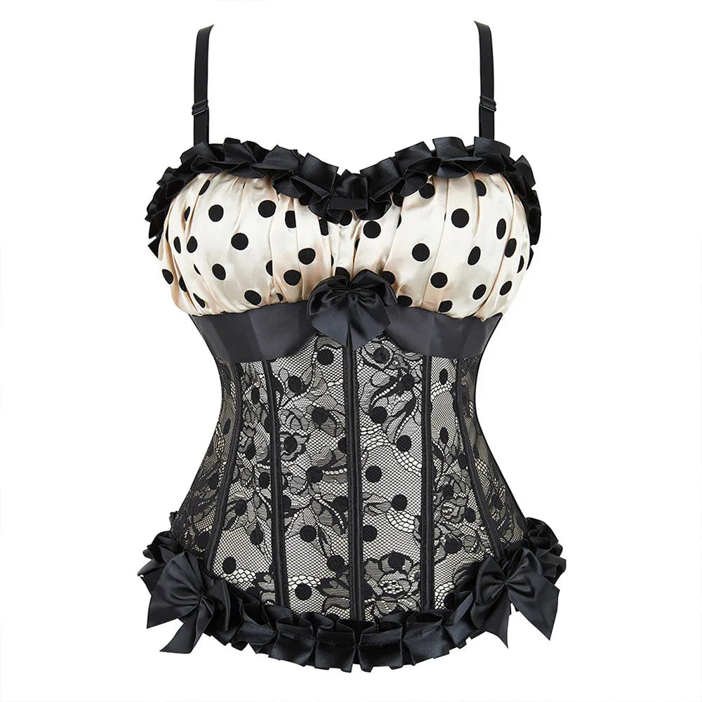 Polka Dot Mesh Corset Bustier Top with Structured Cups and Adjustable Straps