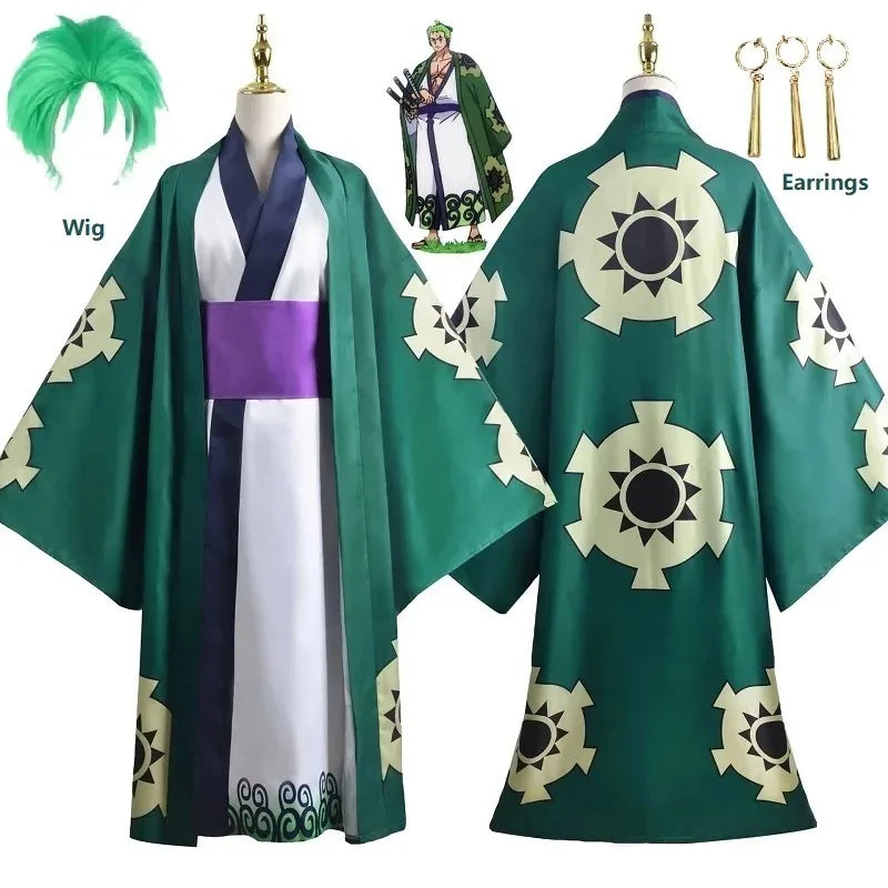 Layered Green Kimono-Style Robe Set with Contrast Sash and Gold-Tone Earrings