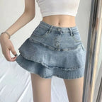 Layered Ruffle Denim Look Mini Skirt with Tiered Streetwear Silhouette