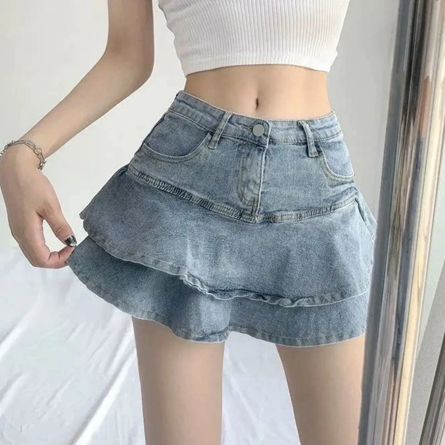Layered Ruffle Denim Look Mini Skirt with Tiered Streetwear Silhouette