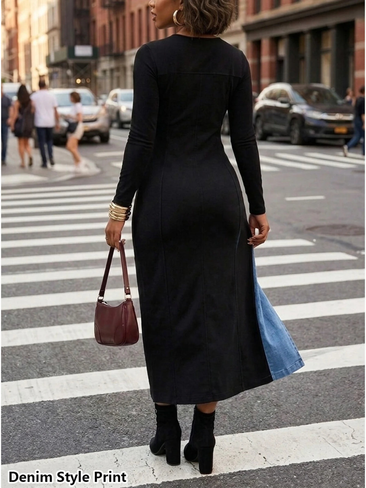 Long Sleeve Color-Block Midi Dress with Denim-Illusion Print and Front Slit