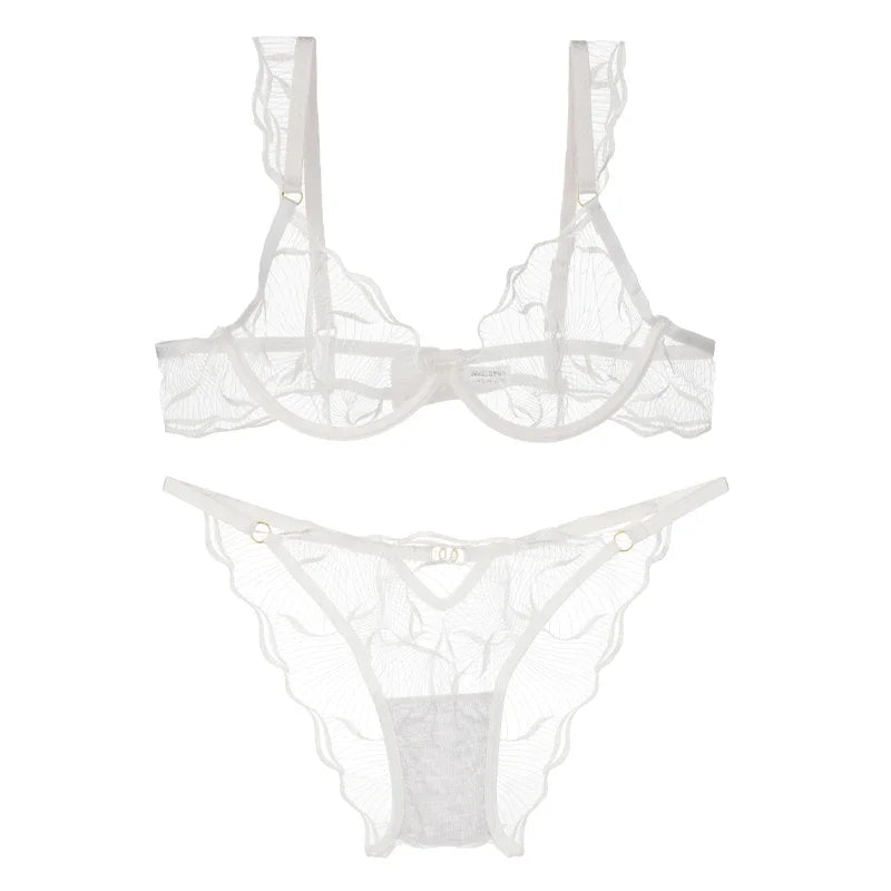 Sheer Mesh Unlined Underwire Bra and Panty Set with Botanical Leaf Embroidery