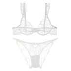 Sheer Mesh Unlined Underwire Bra and Panty Set with Botanical Leaf Embroidery