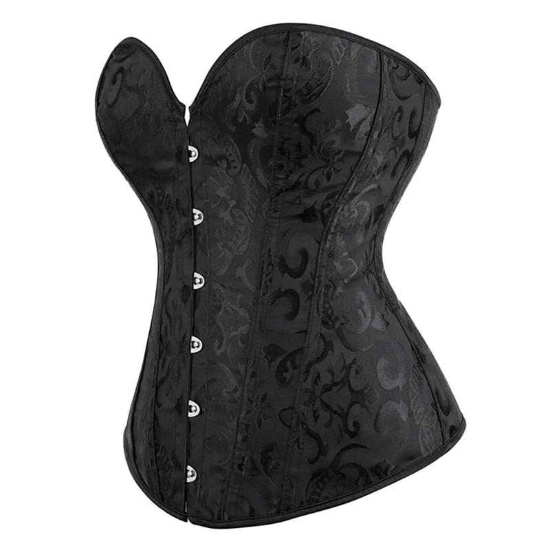 Classic Black Floral Jacquard Overbust Corset with Metal Busk Closure