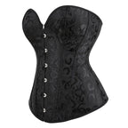 Classic Black Floral Jacquard Overbust Corset with Metal Busk Closure