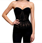 Sheer Black Floral Lace Overbust Corset with Structured Cups
